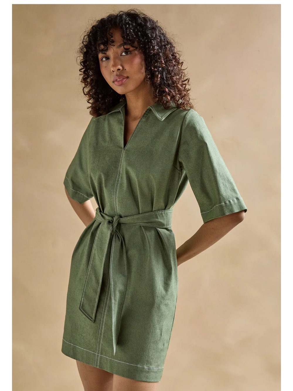 Olive Green Tie-Waist Short Sleeve Jumpsuit Dress